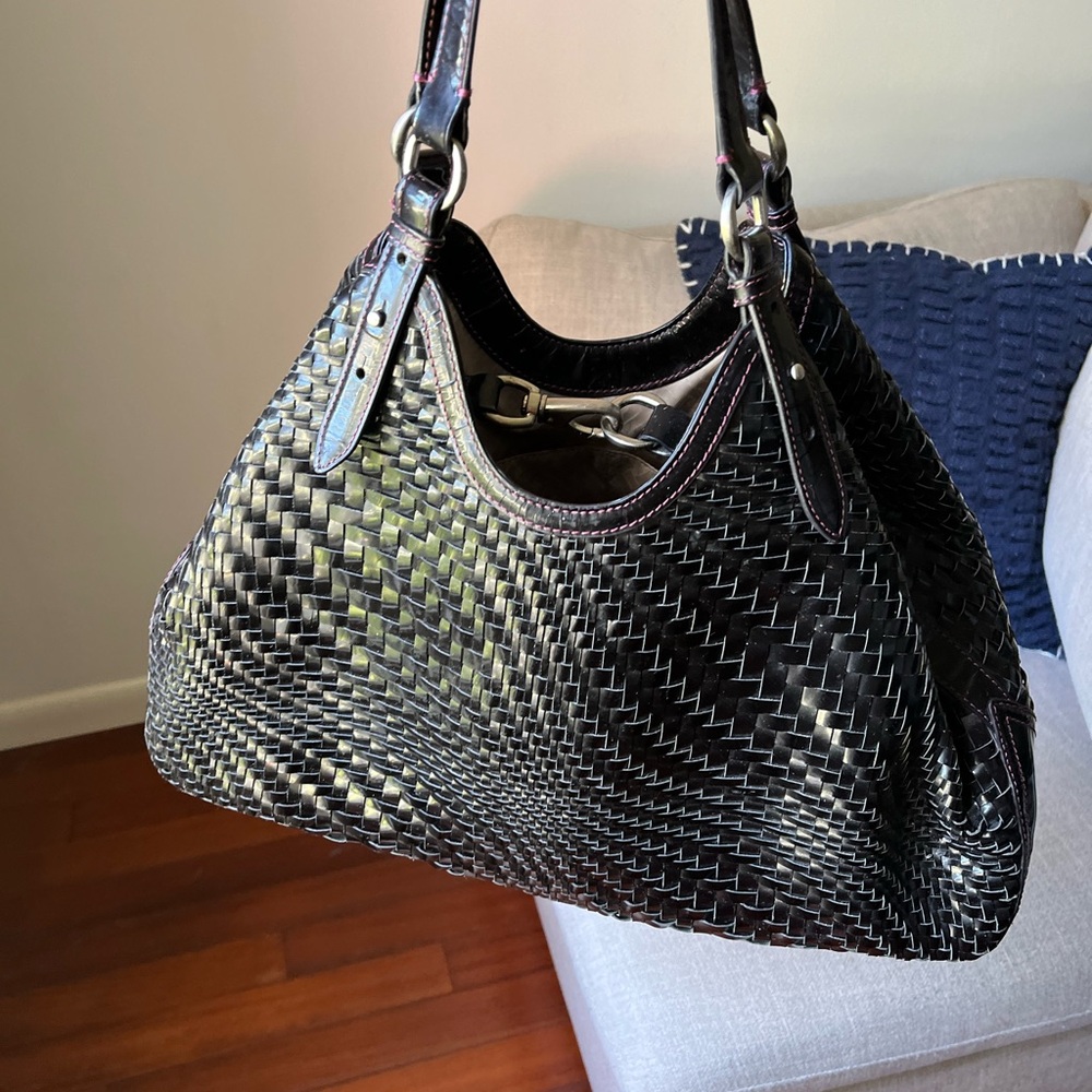 Cole Haan Genevieve Patent Black Woven Shoulder Bag with Plum Stitching